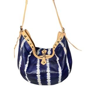 Henri Bendel Indigo Tie-Dye Ultra Soft Studded Leather Hobo Bag Adjustable Strap